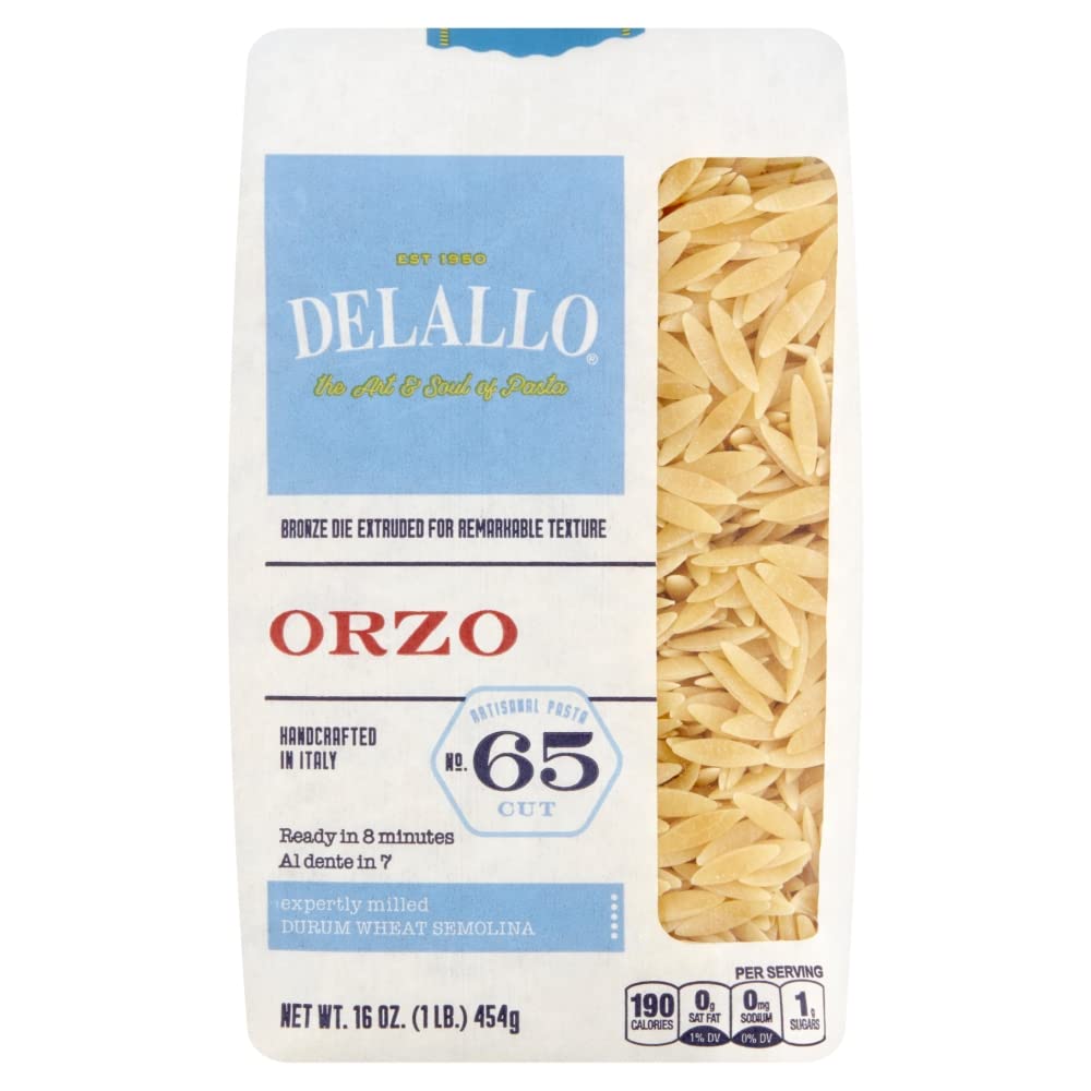 Delallo Orzo pasta packaging on a white background