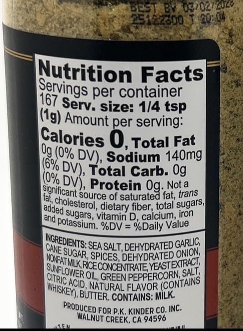 Kinder's Whiskey Peppercorn Seasoning nutrition facts and ingredients label