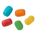 Five colorful jelly beans on a white background