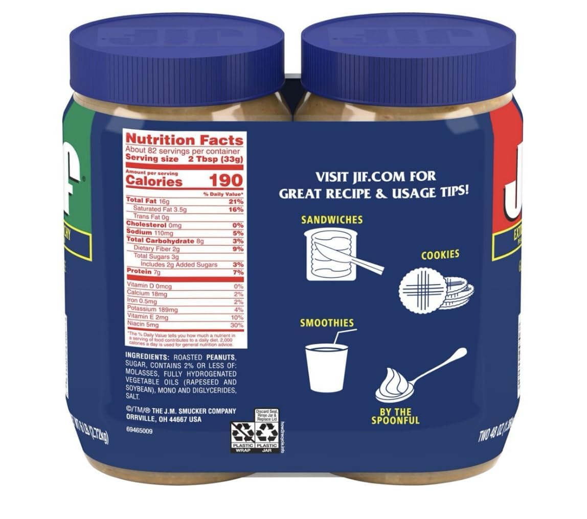 Jif Extra Crunchy Peanut Butter, 48 oz (Pack of 2) Jif