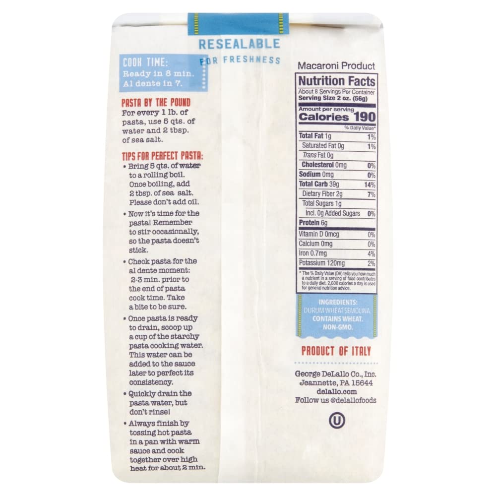 Back of a pasta package with nutritional information and cooking tips.