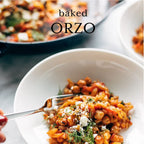 Bowl of baked orzo with a fork, text overlay 'baked ORZO'.