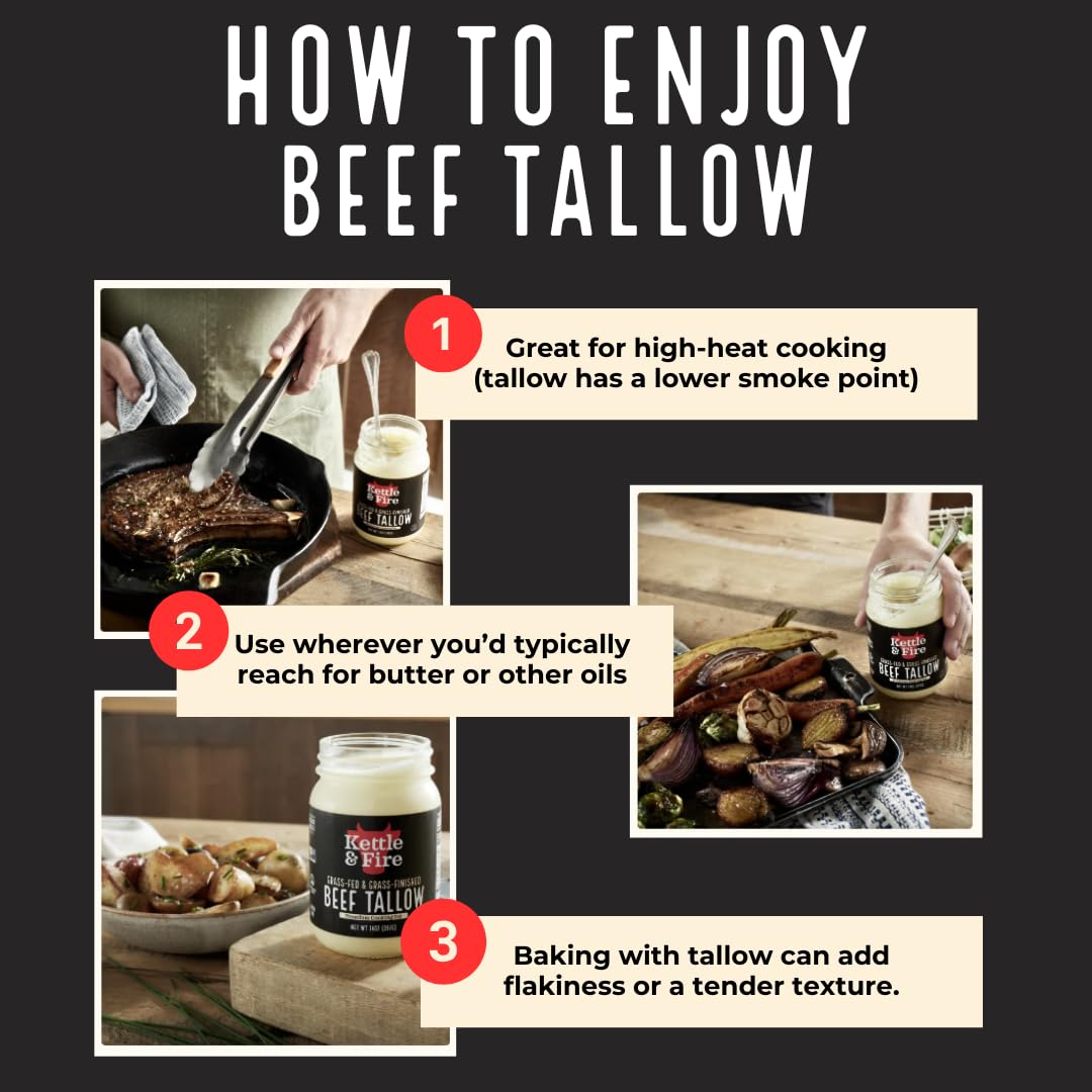 Kettle & Fire 100% Grass-Fed Beef Tallow for Cooking, 14 oz Glass Jar