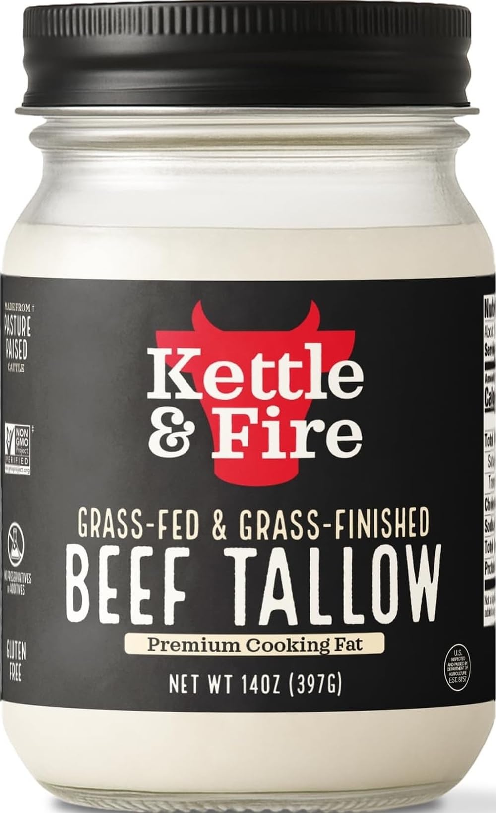 Kettle & Fire 100% Grass-Fed Beef Tallow for Cooking, 14 oz Glass Jar