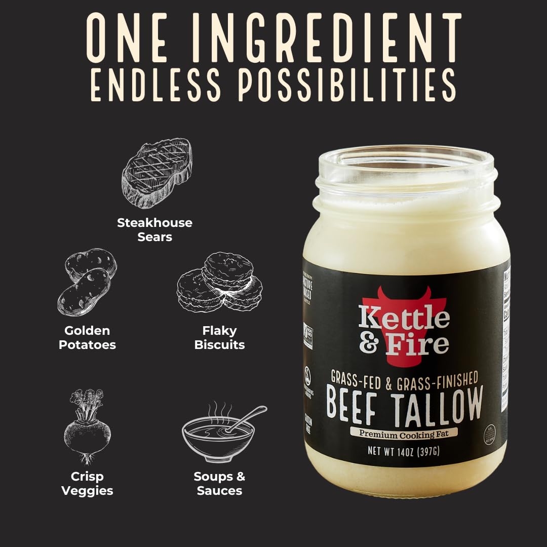 Kettle & Fire 100% Grass-Fed Beef Tallow for Cooking, 14 oz Glass Jar