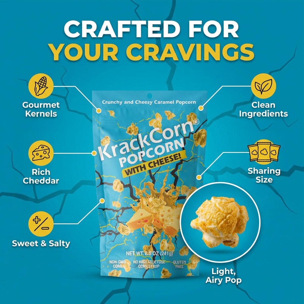 KrackCorn Cheese & Caramel Popcorn. Small Batch Cheddar Caramel Popcorn for Movie Night, Gluten Free Snacks. Non GMO. KrackCorn