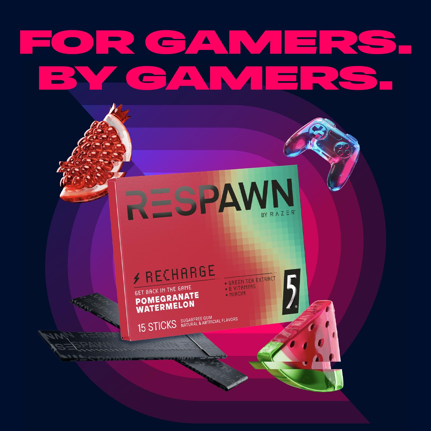 5 Gum Respawn Sugar Free Chewing Gum, 15 Sticks 5 Gum