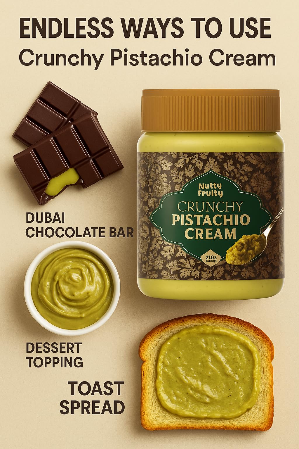 Nutty Fruity Dubai Chocolate Pistachio Cream with Kadaif, 21 oz Nutty Fruity