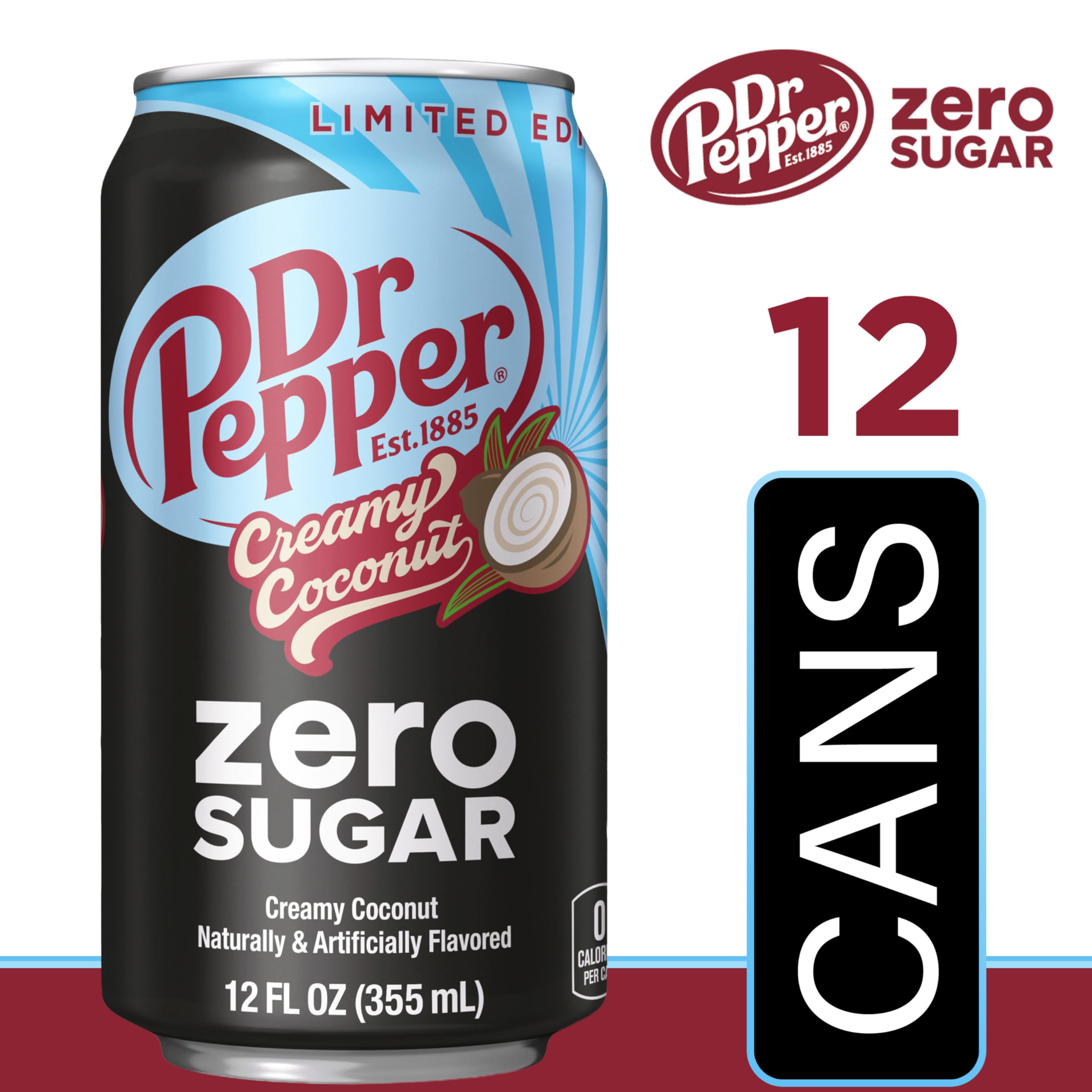 Dr Pepper Zero Sugar Creamy Coconut Soda, 12 fl oz (Pack of 12) Dr Pepper