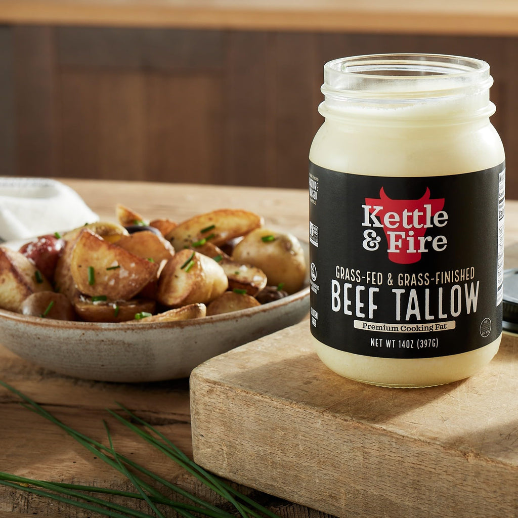 Kettle & Fire 100% Grass-Fed Beef Tallow for Cooking, 14 oz Glass Jar