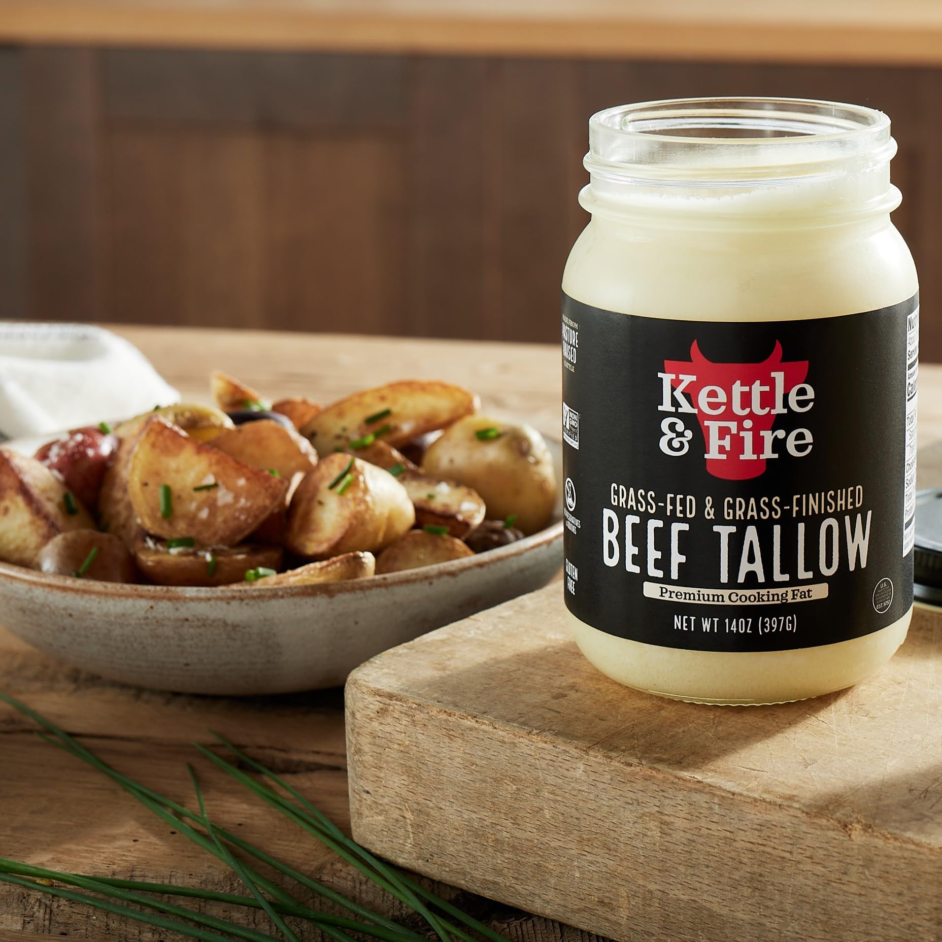 Kettle & Fire 100% Grass-Fed Beef Tallow for Cooking, 14 oz Glass Jar