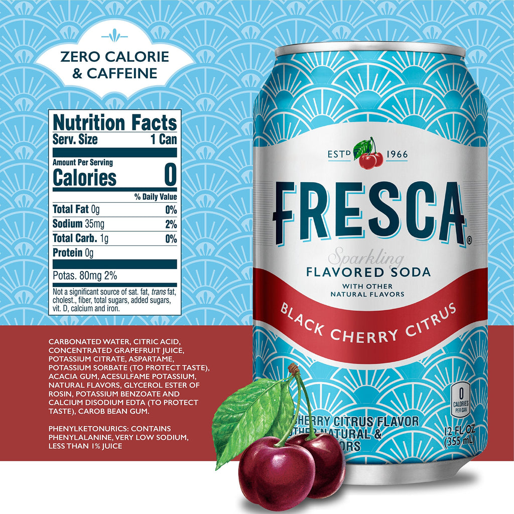 Fresca Black Cherry Soda, Zero Sugar, 12 fl oz (Pack of 12) Fresca