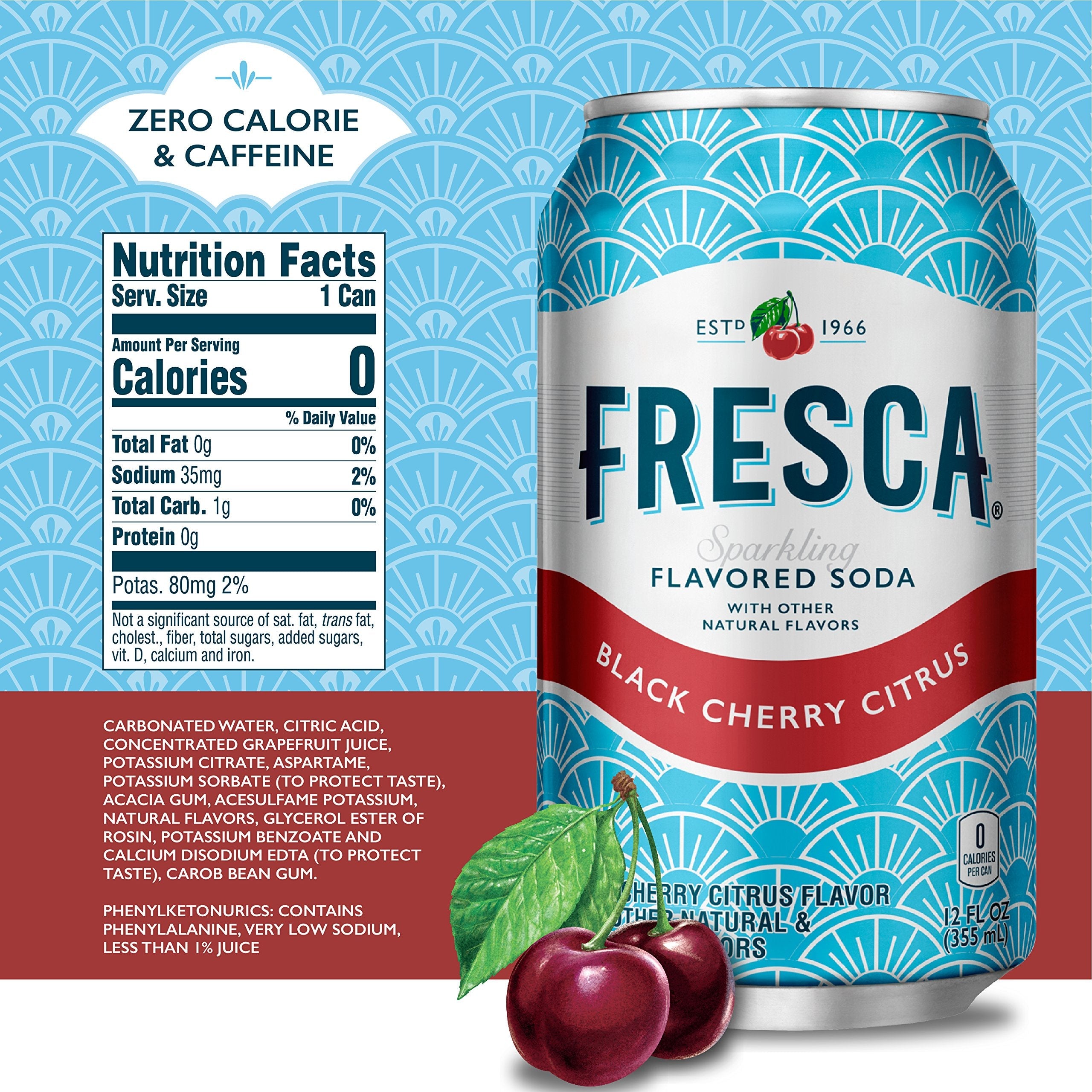 Fresca Black Cherry Soda, Zero Sugar, 12 fl oz (Pack of 12) Fresca