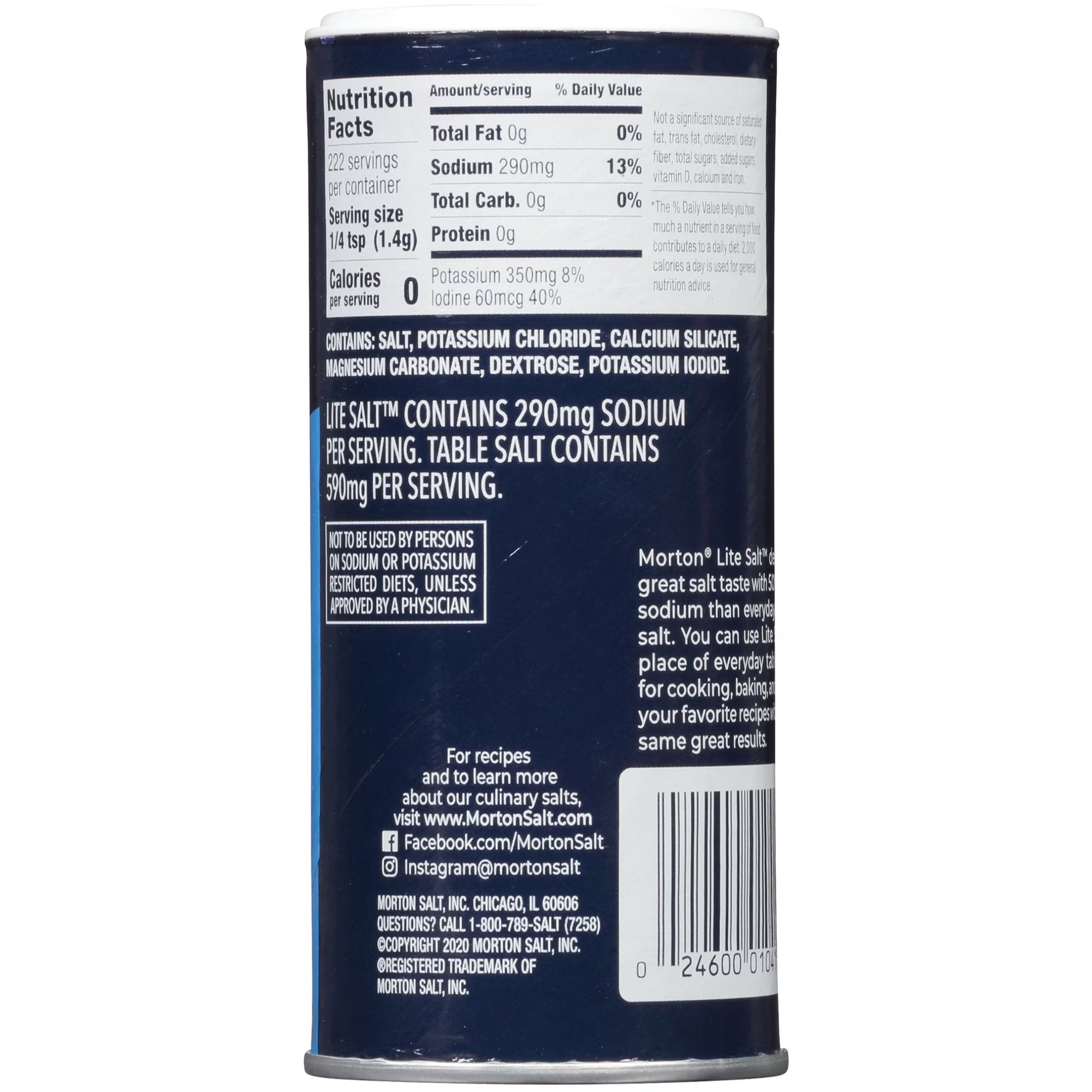 The back of a Morton's Lite Salt canister, showing the nutrition facts, ingredients, warnings, and a barcode on a dark blue label.
