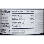A close-up of a nutrition facts label showing serving size, calories, and nutrient content including total fat, sodium, total carbohydrate, and protein per serving.