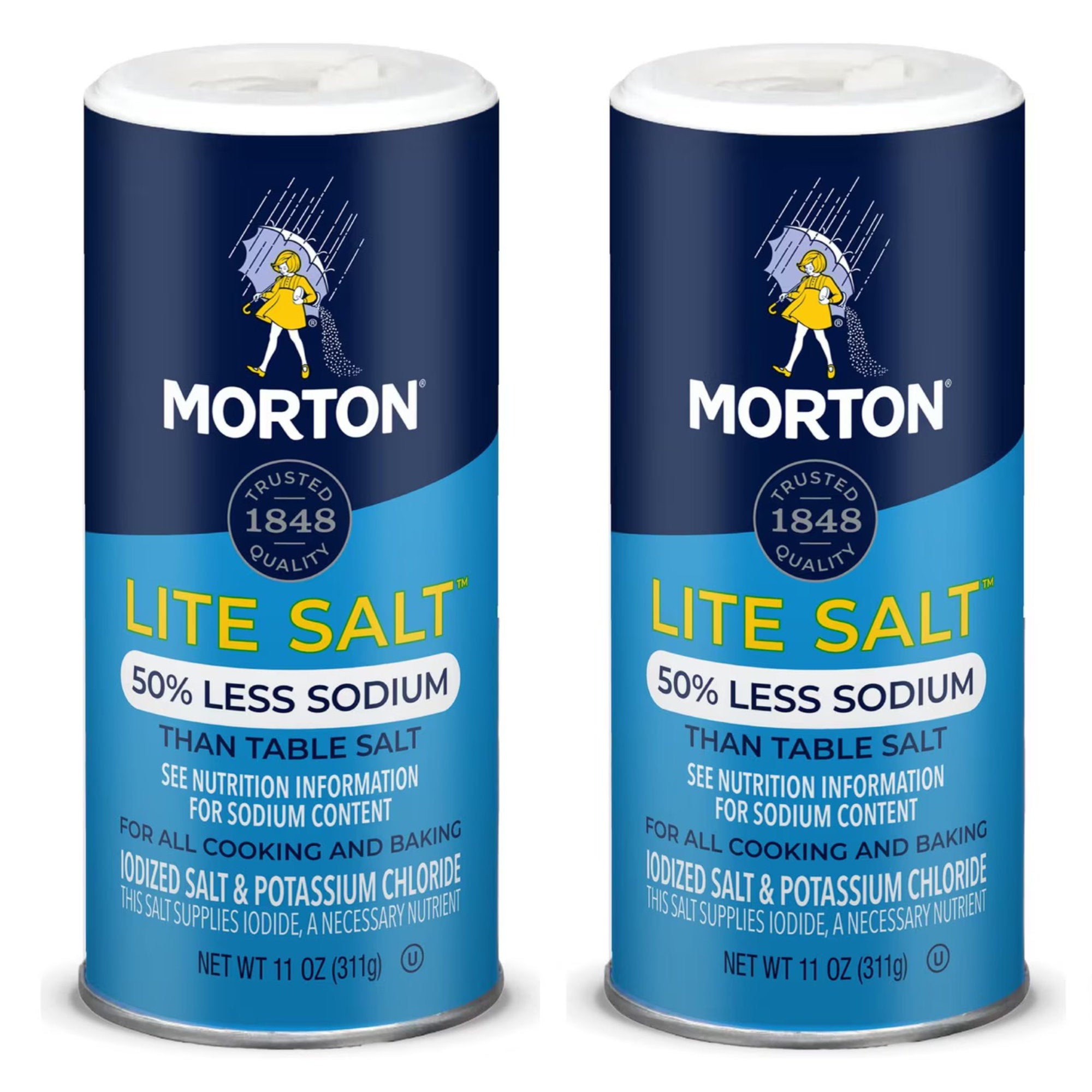Two cylindrical Morton Lite Salt containers side by side on a plain white background. The containers are dark blue with a lighter blue lower section, white text, and yellow 'LITE SALT' lettering.