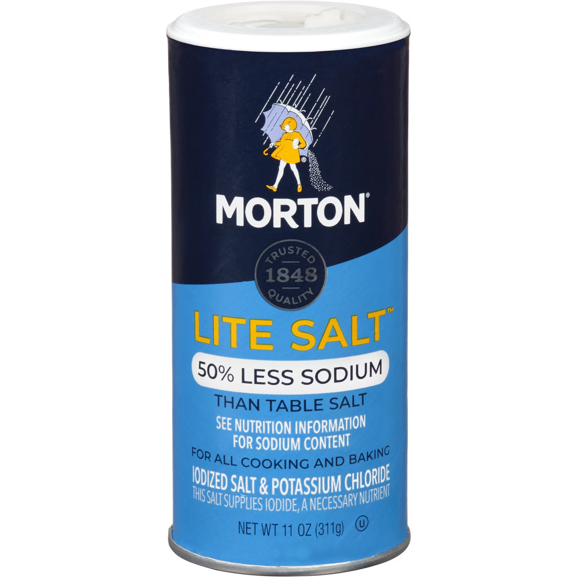 A single container of Morton Lite Salt 50% less sodium, shown on a plain white background. The cylindrical container features a dark navy blue top half with the yellow and white Morton logo, and a bright blue bottom half with yellow and white text.