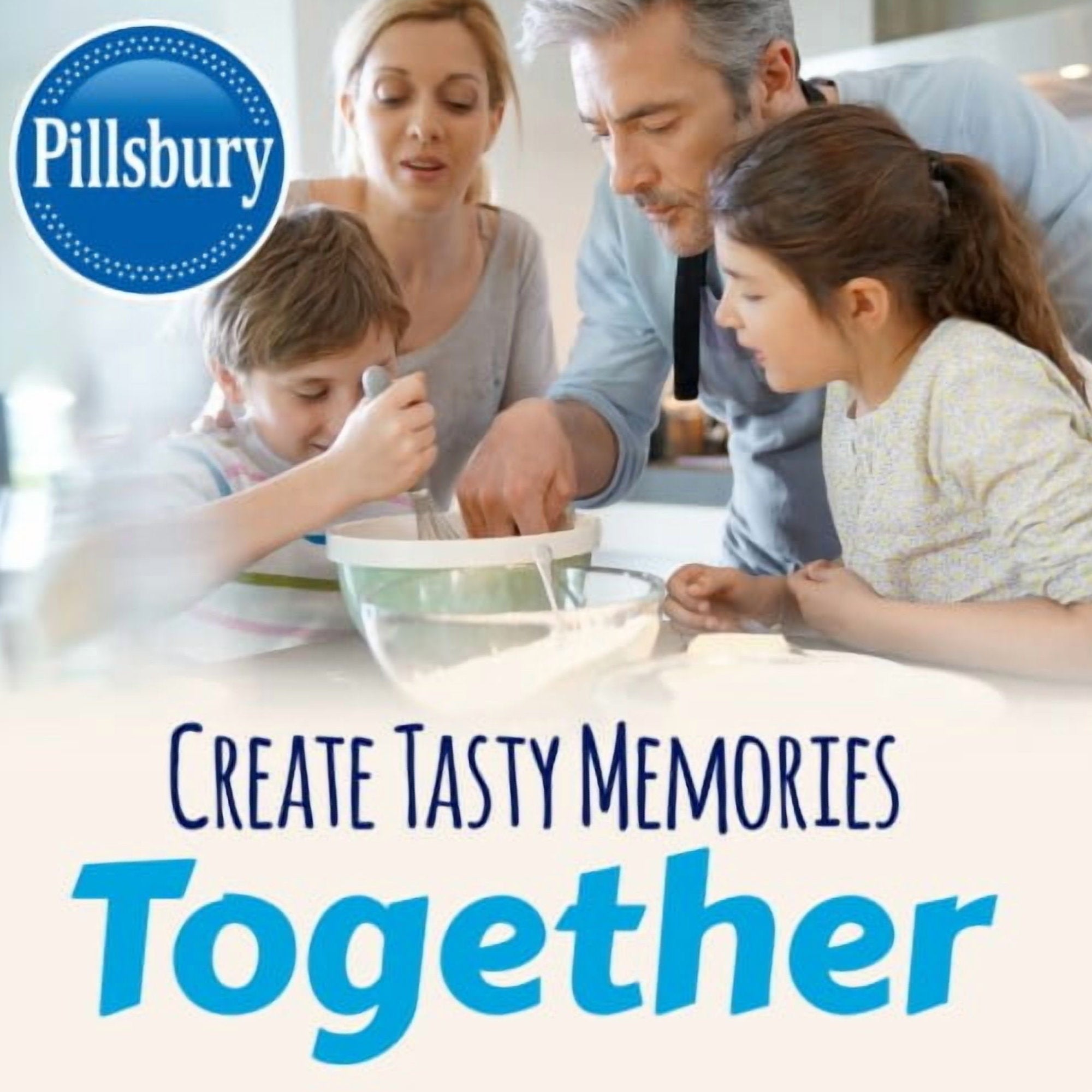 Pillsbury family baking promotional image showing a father, mother, and two children mixing ingredients in a bowl together at a kitchen counter, with the Pillsbury logo in the top left and the text 'Create Tasty Memories Together' at the bottom.