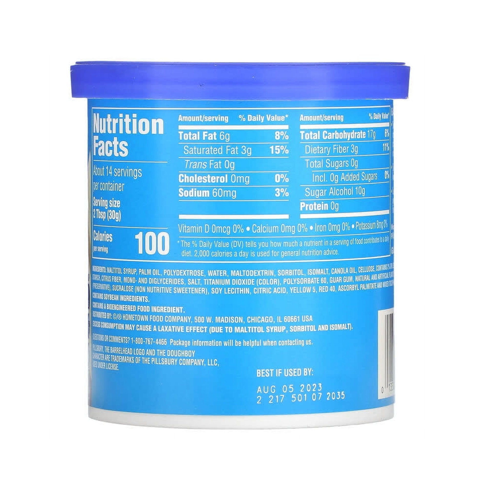 A tub of frostingr with a blue lid and a blue Nutrition Facts label, photographed on a plain white background. The front of the package is mostly obscured by the label, but the side panel clearly shows nutrition information including fat, carbohydrate, protein, and serving size.