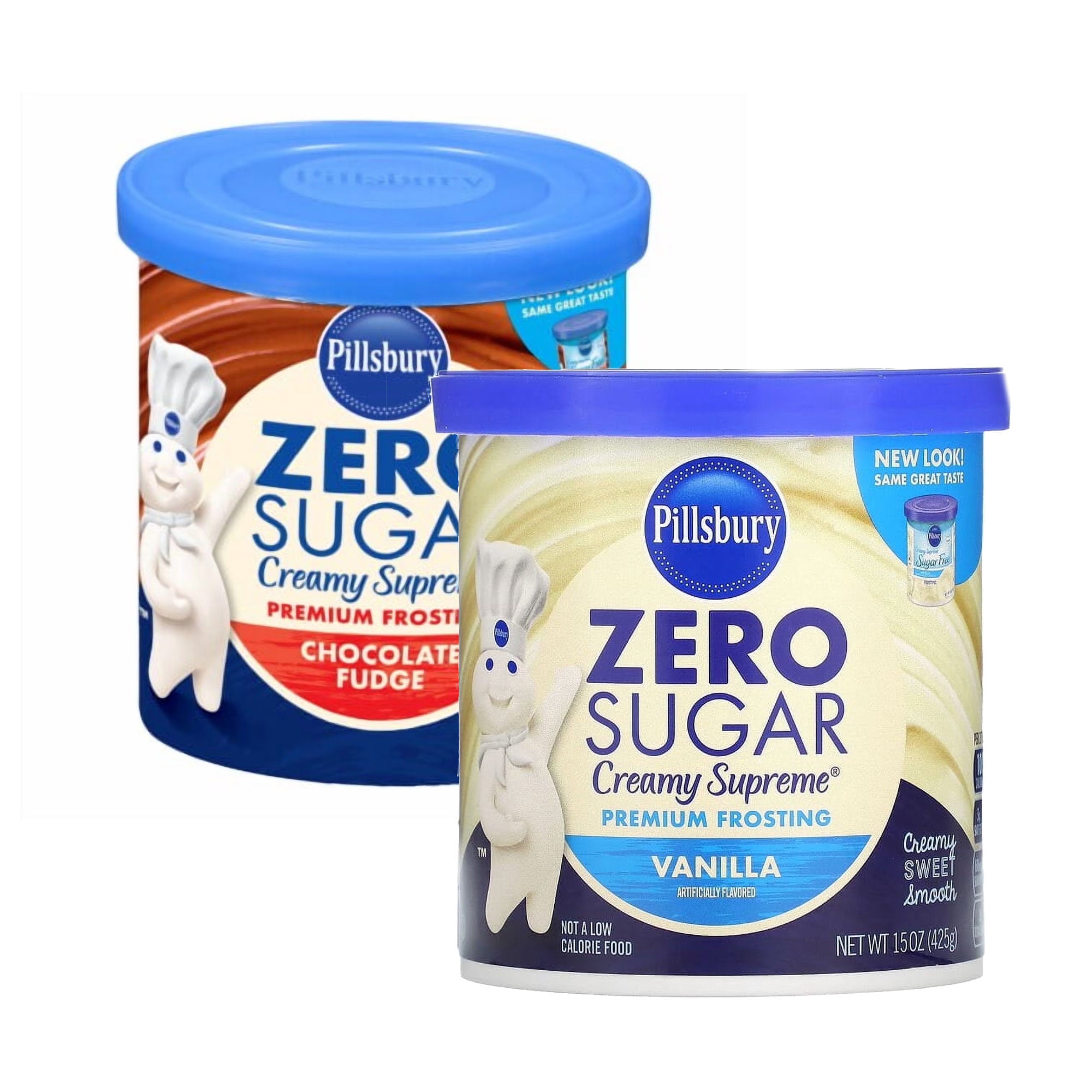 Two Pillsbury Zero Sugar Creamy Supreme frosting tubs on a white background, one Chocolate Fudge and one Vanilla Unfat Typed.