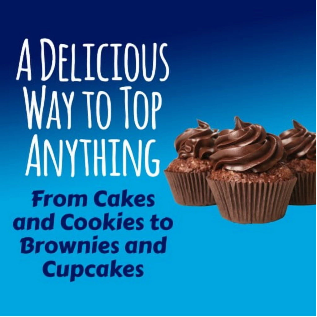 A blue promotional graphic with the text 'A DELICIOUS WAY TO TOP ANYTHING' and 'From Cakes and Cookies to Brownies and Cupcakes' alongside three chocolate cupcakes topped with swirls of chocolate frosting.