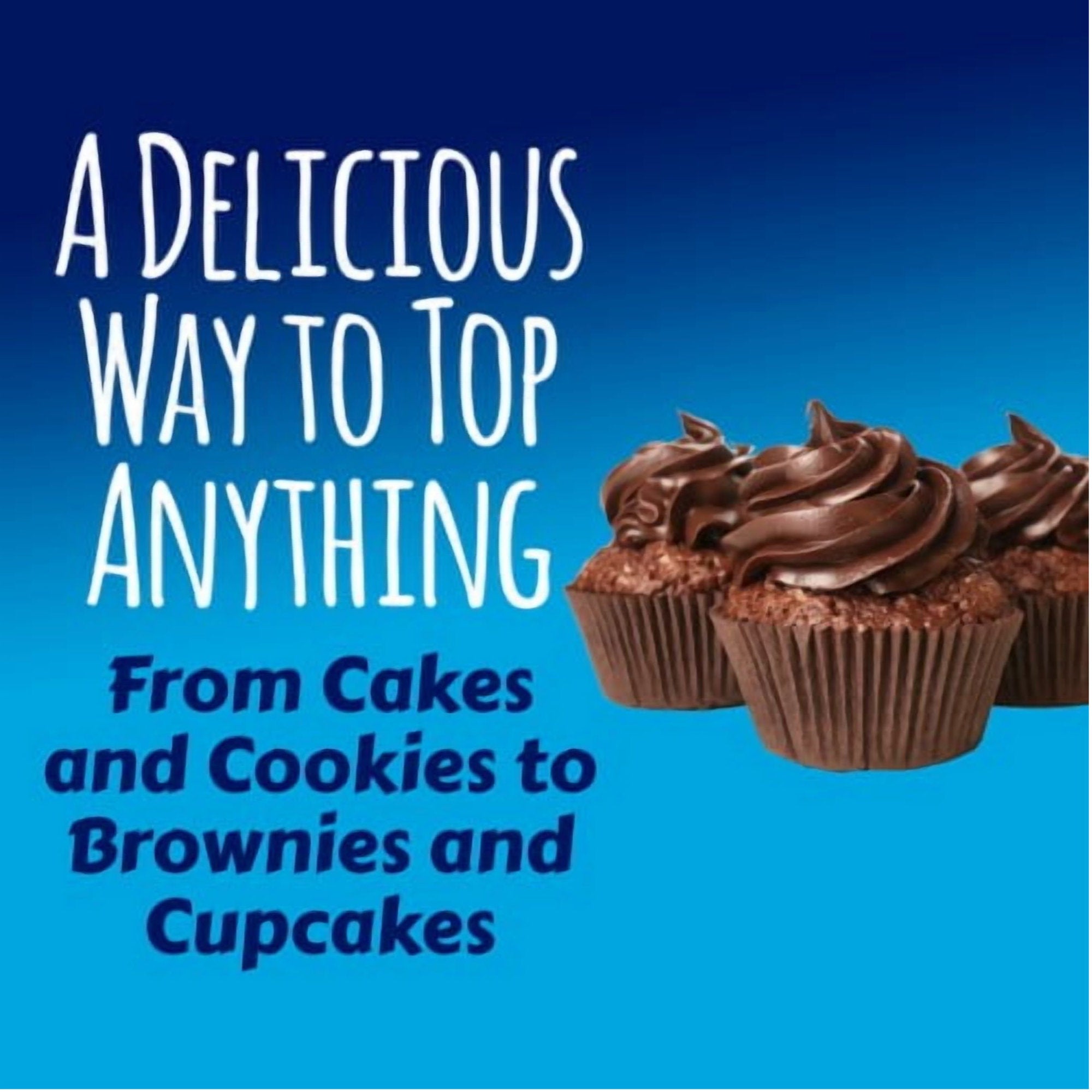 A blue promotional graphic with the text 'A DELICIOUS WAY TO TOP ANYTHING' and 'From Cakes and Cookies to Brownies and Cupcakes' alongside three chocolate cupcakes topped with swirls of chocolate frosting.