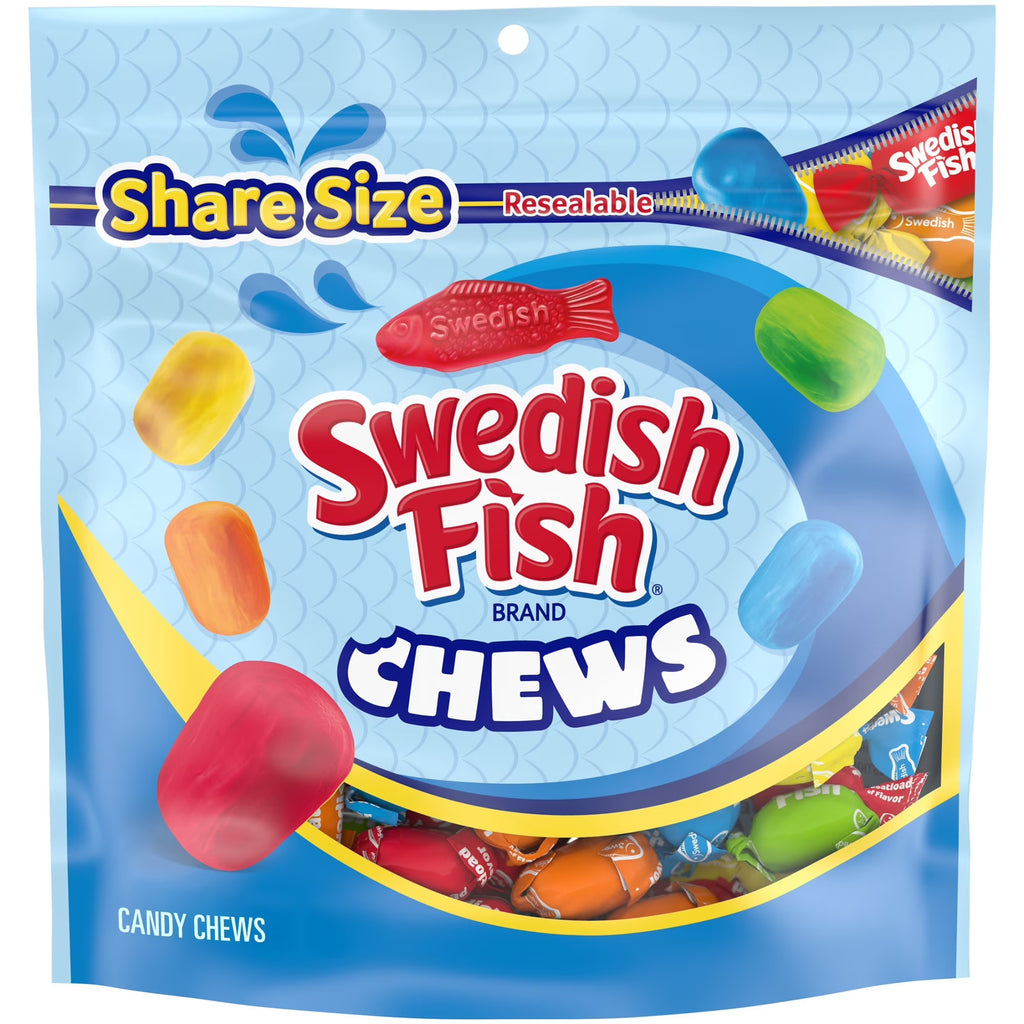 Swedish Fish Chews candy package with colorful candies on a blue background
