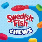 Swedish Fish Brand Chews candy packaging featuring colorful gummy fish illustrations around the words 'Swedish Fish Chews' on a blue patterned background.
