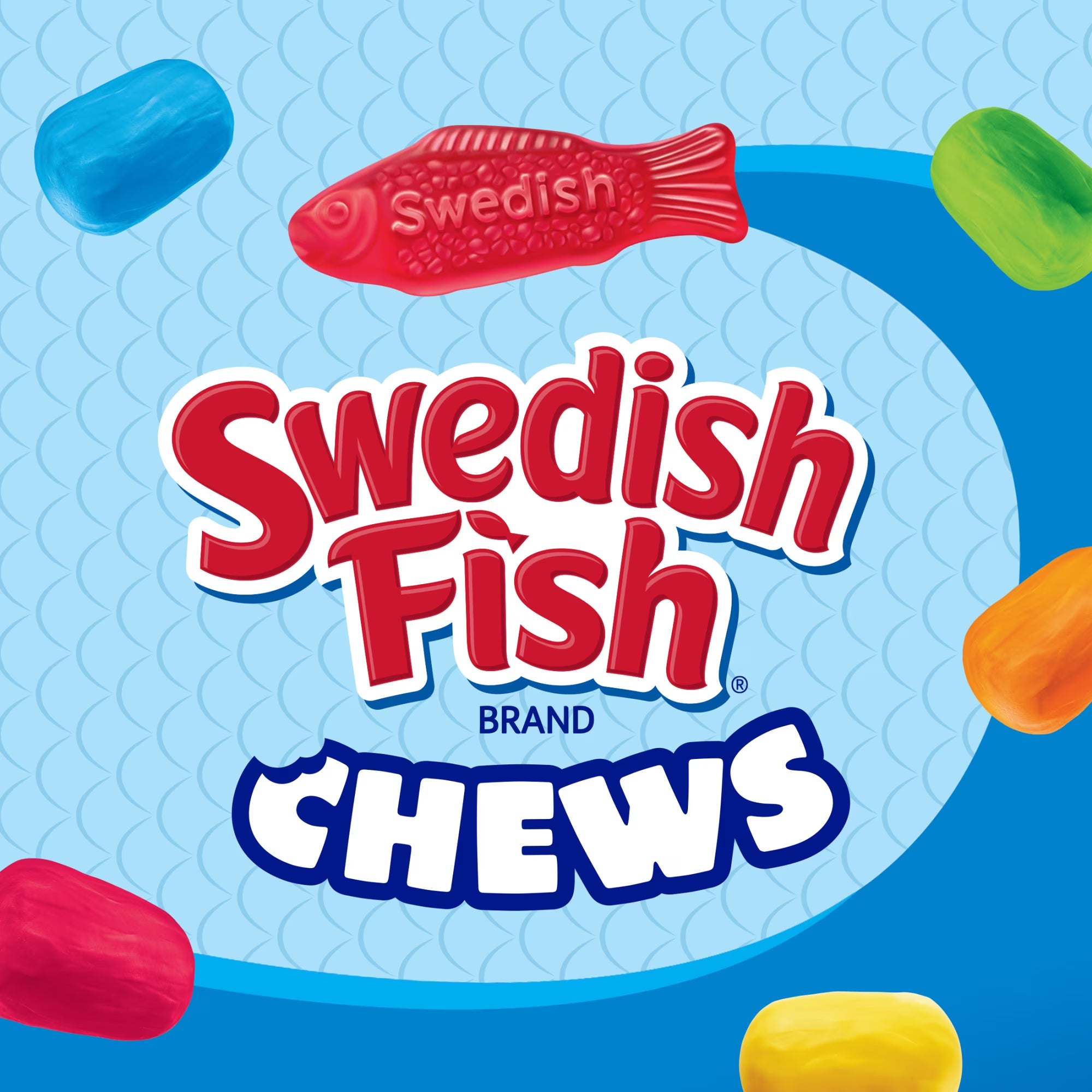 Swedish Fish Brand Chews candy packaging featuring colorful gummy fish illustrations around the words 'Swedish Fish Chews' on a blue patterned background.