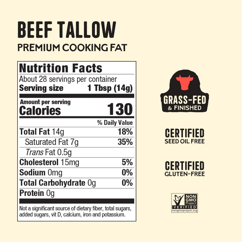 Beef Tallow Premium Cooking Fat packaging graphic showing a Nutrition Facts label, a red bull logo with 'Grass-Fed & Finished' text, and certification badges on a light beige background.