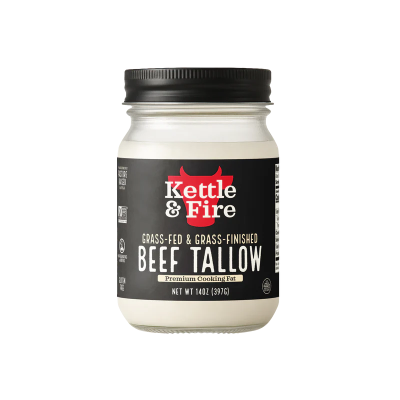 A jar of Kettle & Fire Grass-Fed & Grass-Finished Beef Tallow on a solid white background.