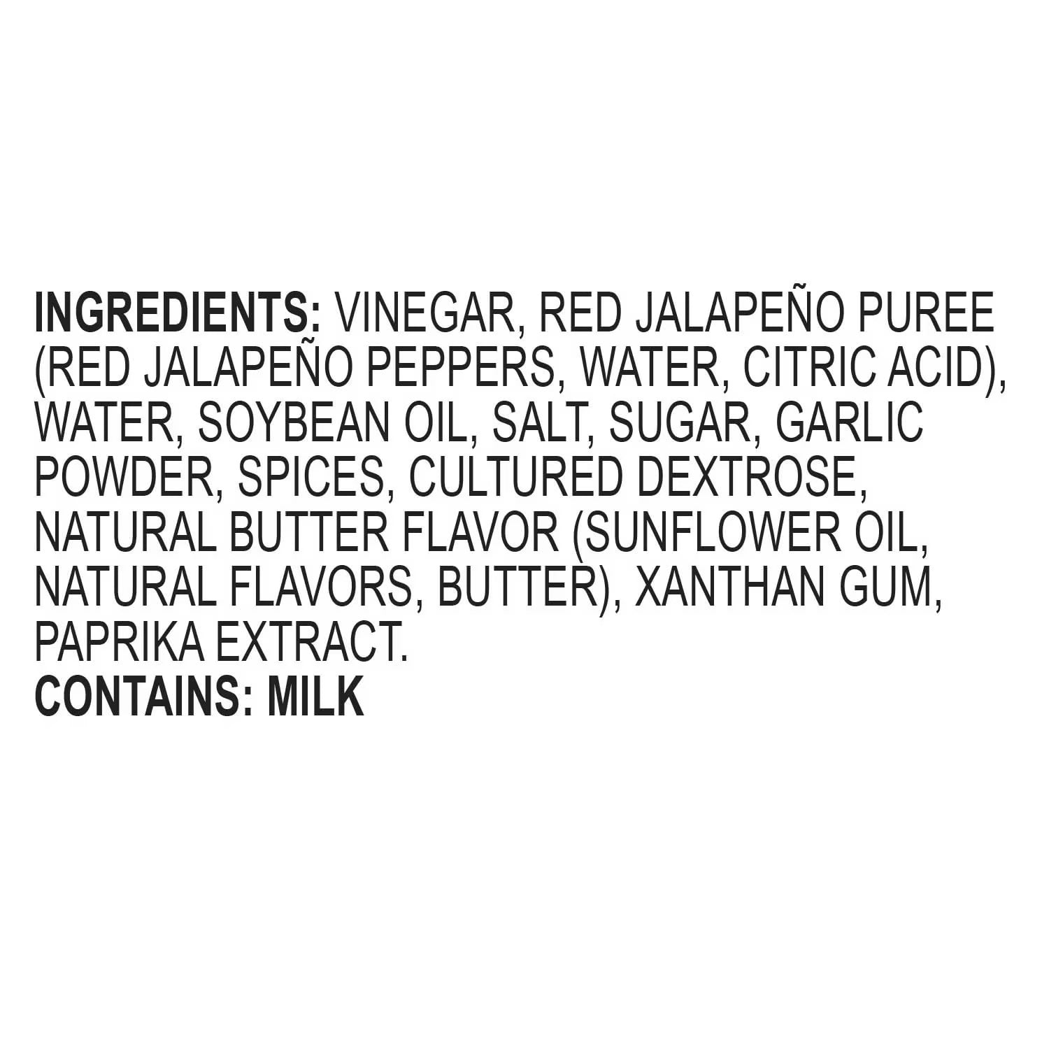 A text-only label on a white background listing ingredients for a red jalapeño puree product, including vinegar, water, soybean oil, salt, sugar, garlic powder, spices, cultured dextrose, natural butter flavor, xanthan gum, and paprika extract. It also states 'CONTAINS: MILK'.