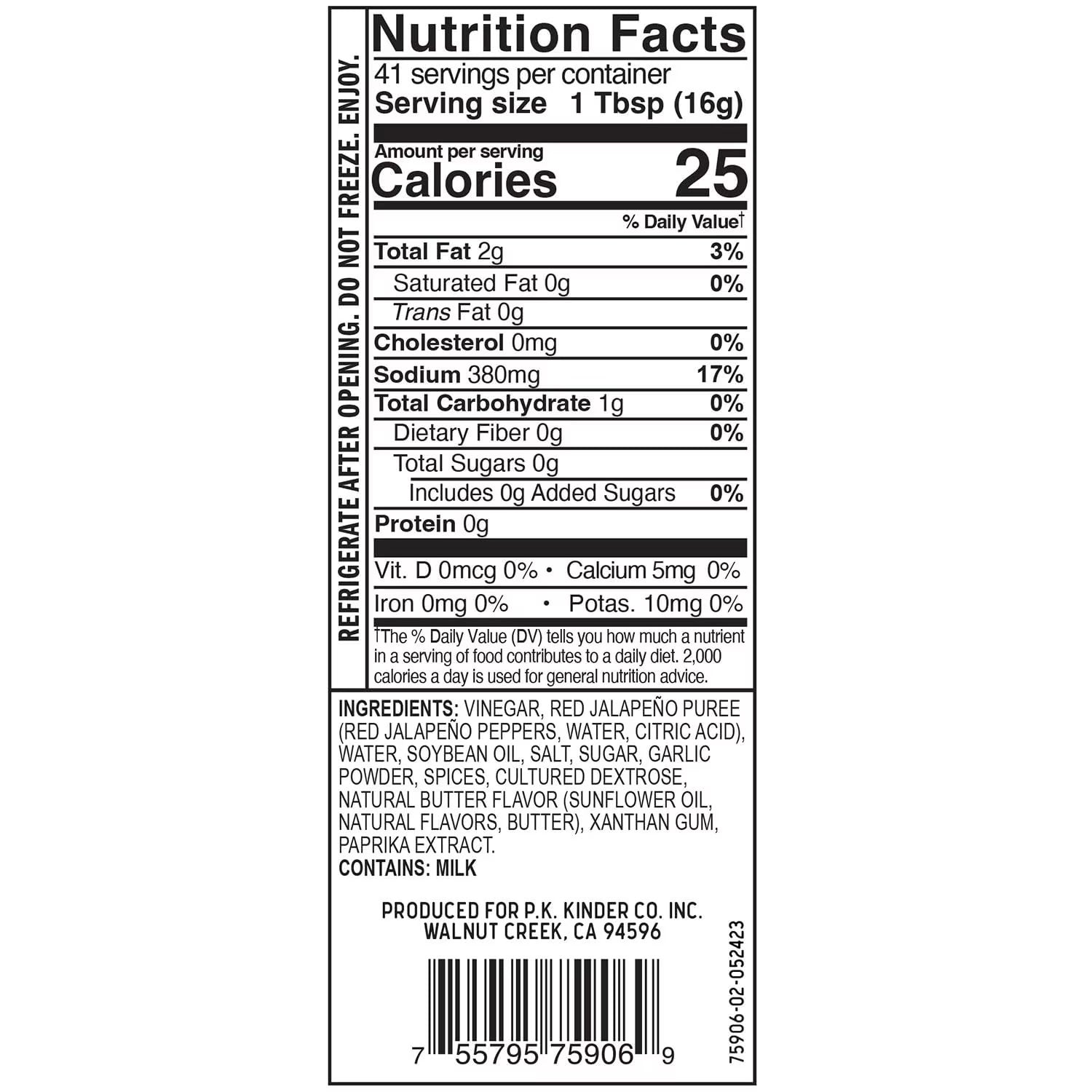 A close-up of a product's Nutrition Facts label showing serving size, calories, nutrients, ingredients, and a barcode on a white background.