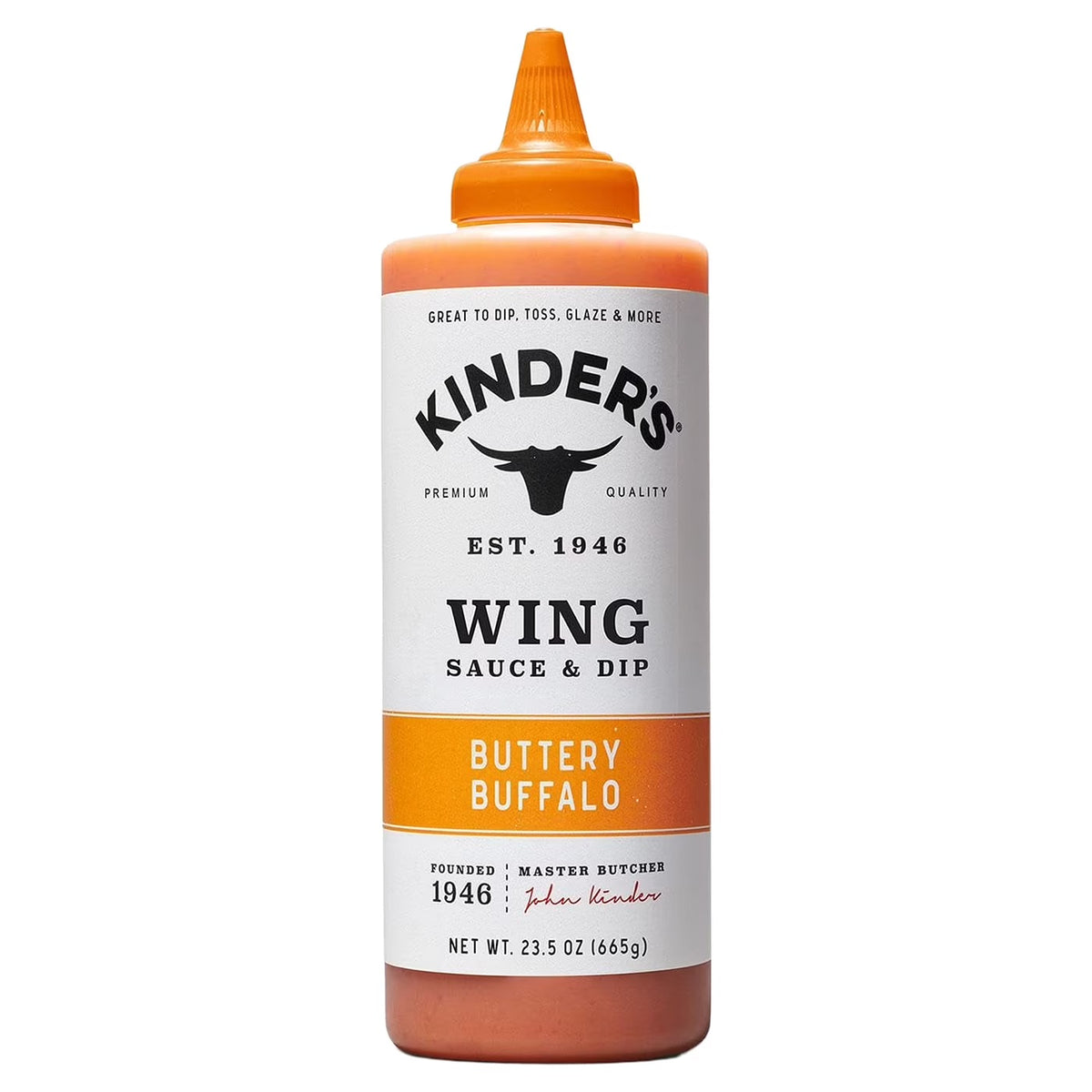 A bottle of Kinder's Wing Sauce & Dip in the Buttery Buffalo flavor, featuring an orange cap, white label with black text, and orange-brown sauce visible at the top and bottom.