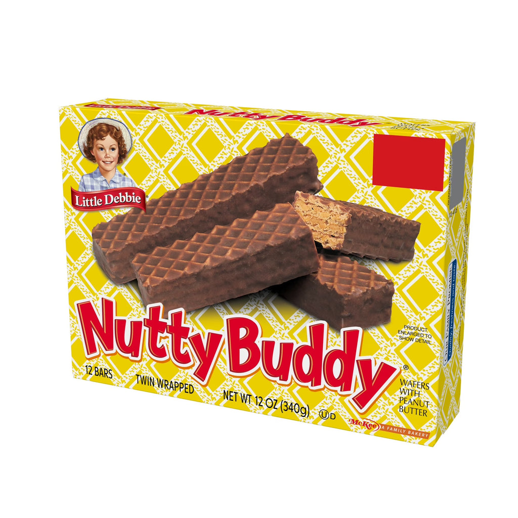 A box of Little Debbie Nutty Buddy chocolate wafer bars, featuring a yellow and white patterned box with an image of two chocolate wafer bars and a broken piece showing the peanut filling.
