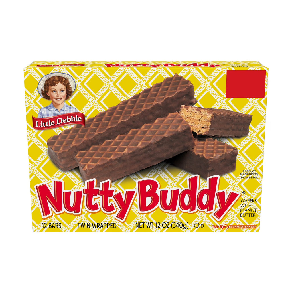 Box of Little Debbie Nutty Buddy cookies with a yellow and red design.