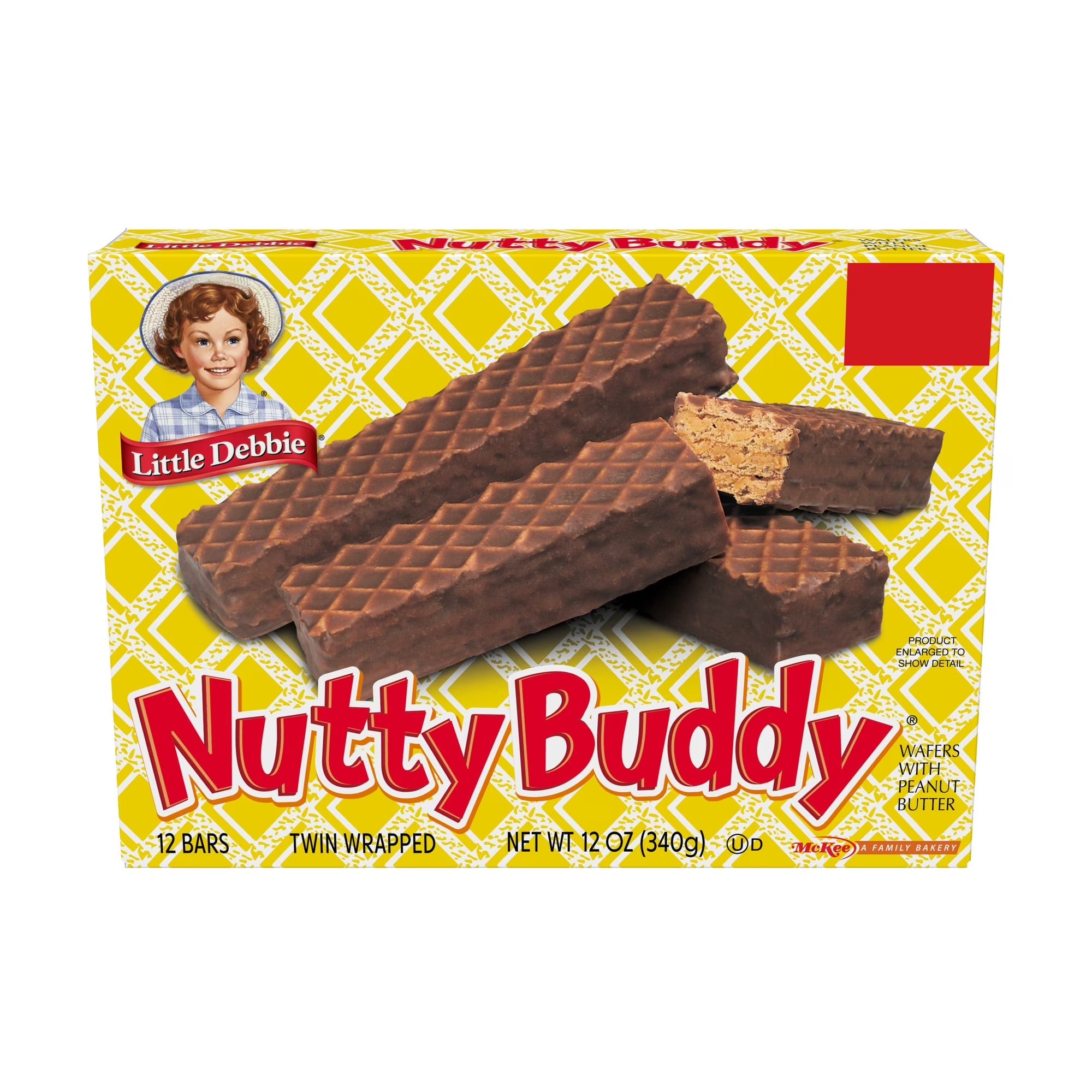 Box of Little Debbie Nutty Buddy cookies with a yellow and red design.