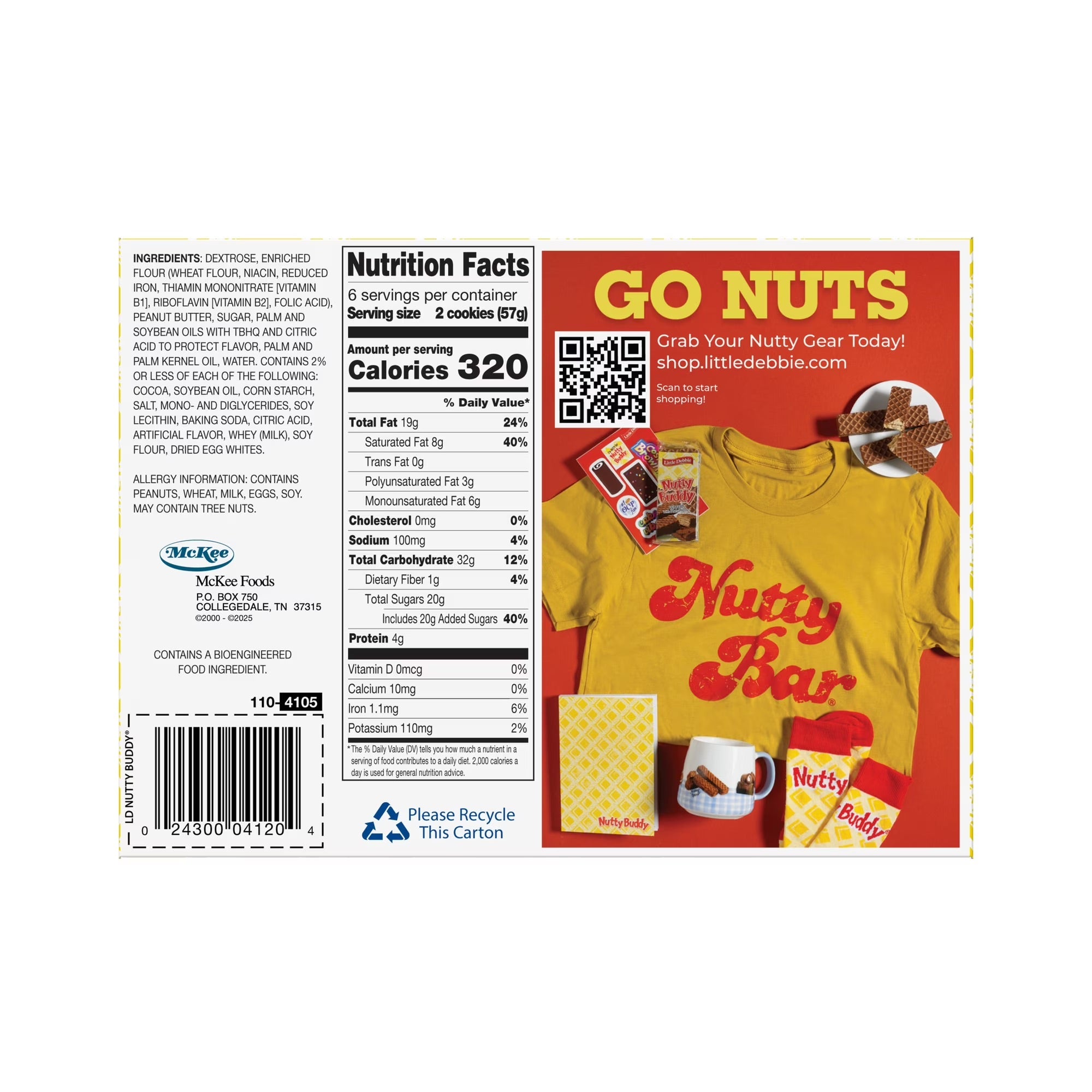 Nutty Bar packaging with nutrition facts, QR code, and promotional text on a white background