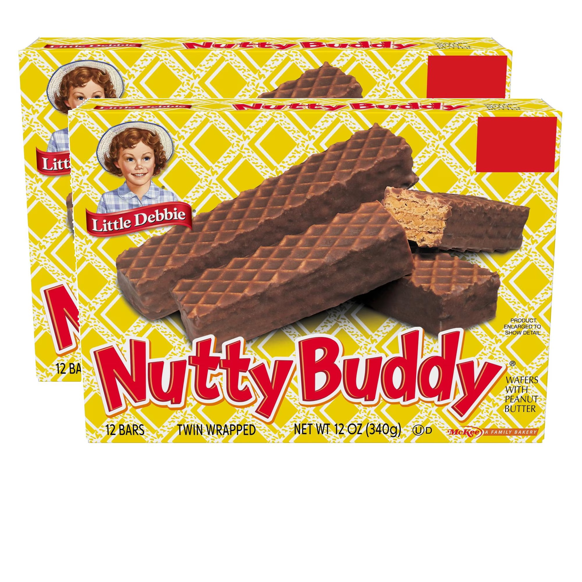 Two boxes of Little Debbie Nutty Buddy chocolate wafer bars stacked on a white background. The front box shows three chocolate wafer bars, one broken to reveal the peanut butter filling, with the brand name 'Nutty Buddy' in large red letters on a yellow patterned background.